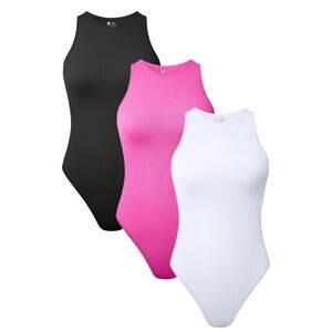 TOB Women's 3 Piece Bodysuits Sexy Ribbed Sleeveless Halter Neck Shapewear